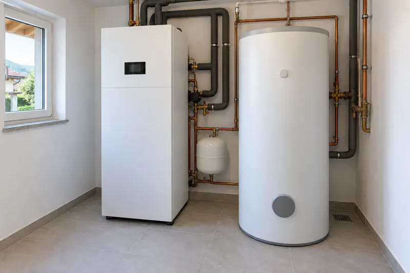 Wärmepumpe für Fußbodenheizung und Warmwasser mit Speicher im Technikraum