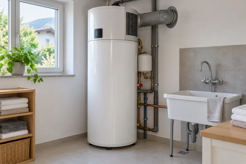 Wärmepumpen-Boiler im Hauswirtschaftsraum neben Waschmaschine und Wäscheständer