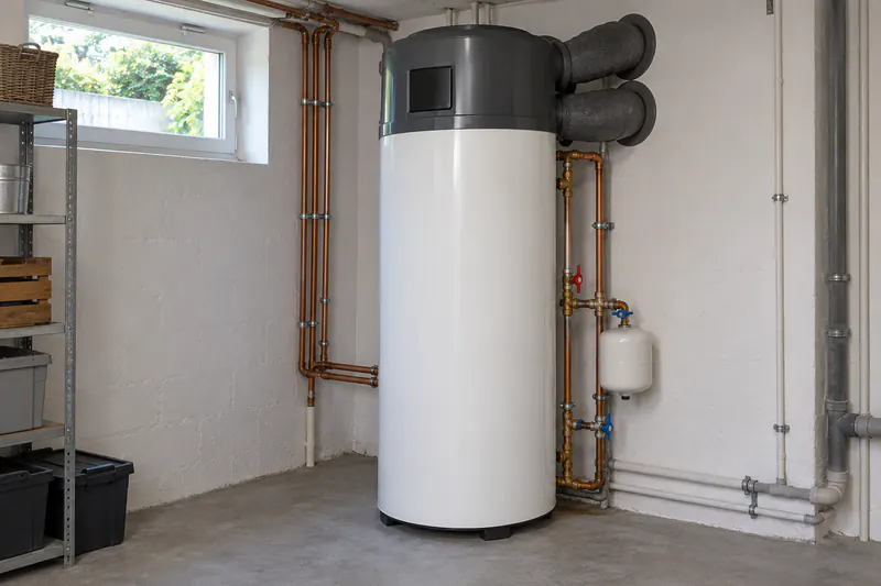 Warmwasser-Wärmepumpe mit 300 Liter Speicher in einem hellen Hauswirtschaftsraum